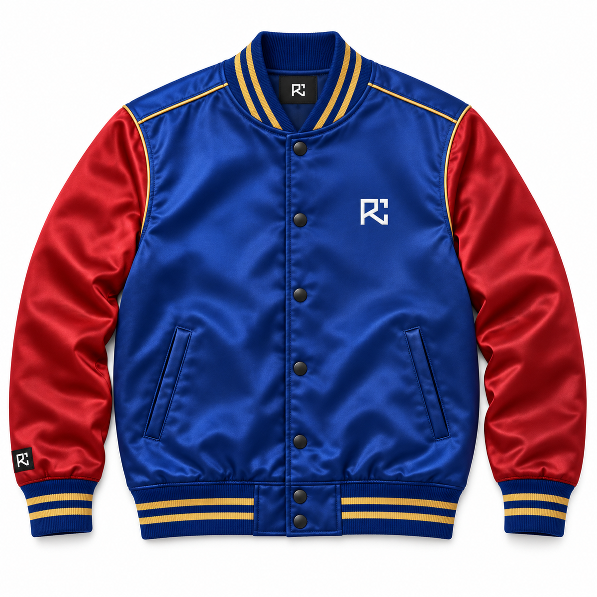 Front design preview of the Riz Core Royal Crest varsity jacket in royal blue and red
