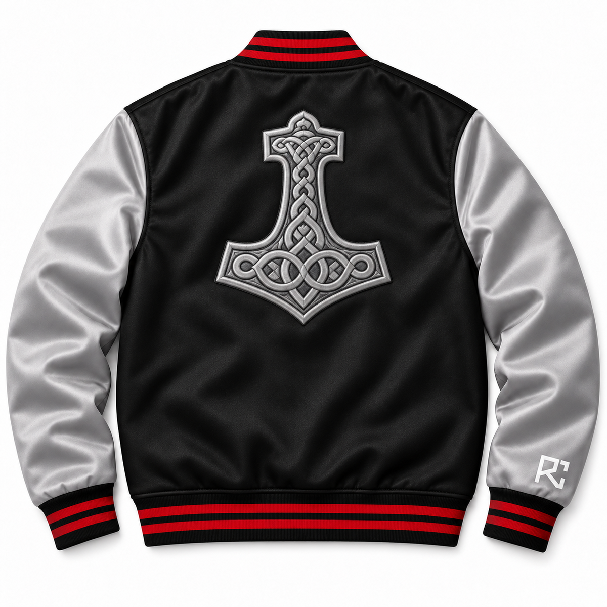 Back design preview of the Riz Core Storm Forge varsity jacket in black and silver