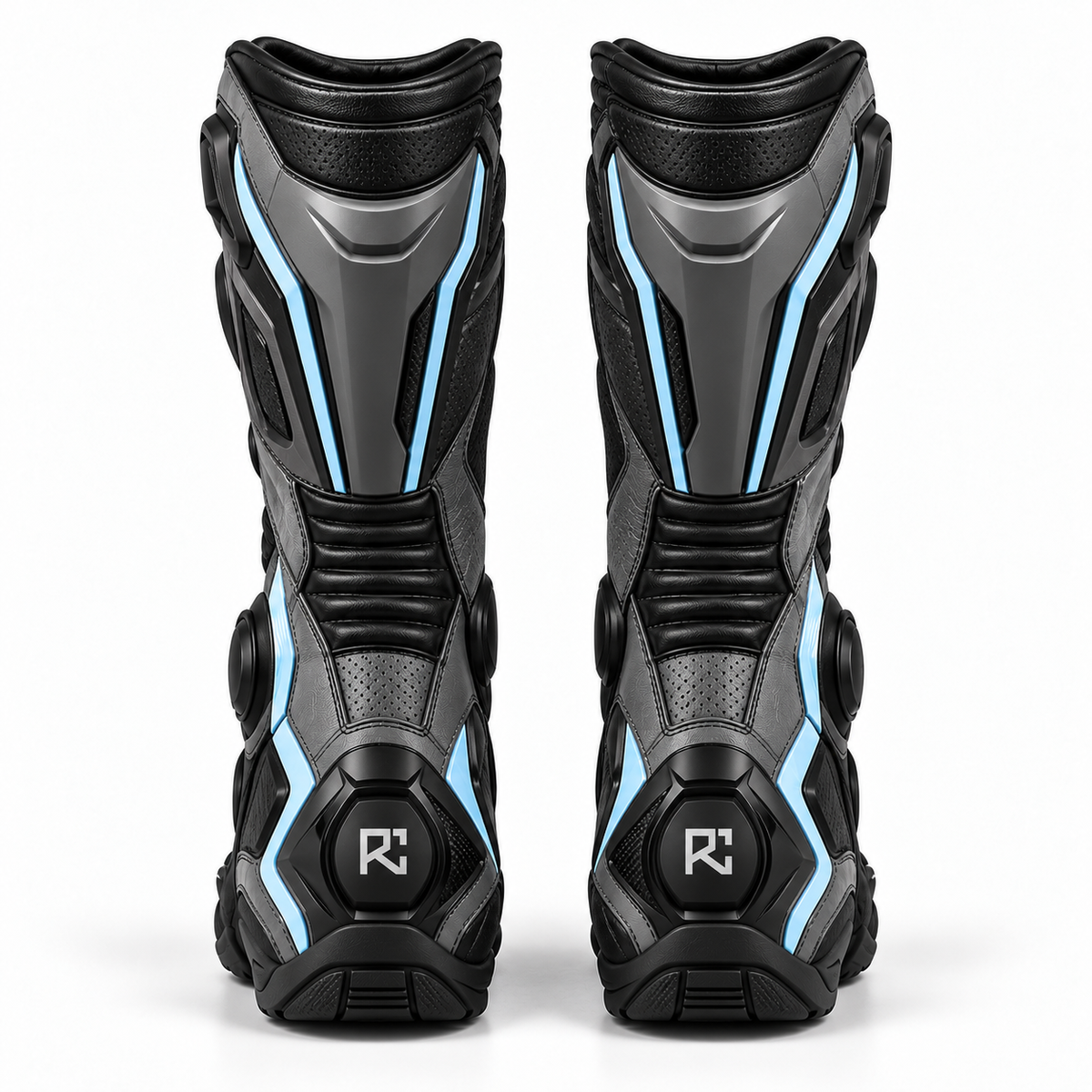 Riz Core Torque motorcycle boots in Graphite & Ice Blue, back design preview