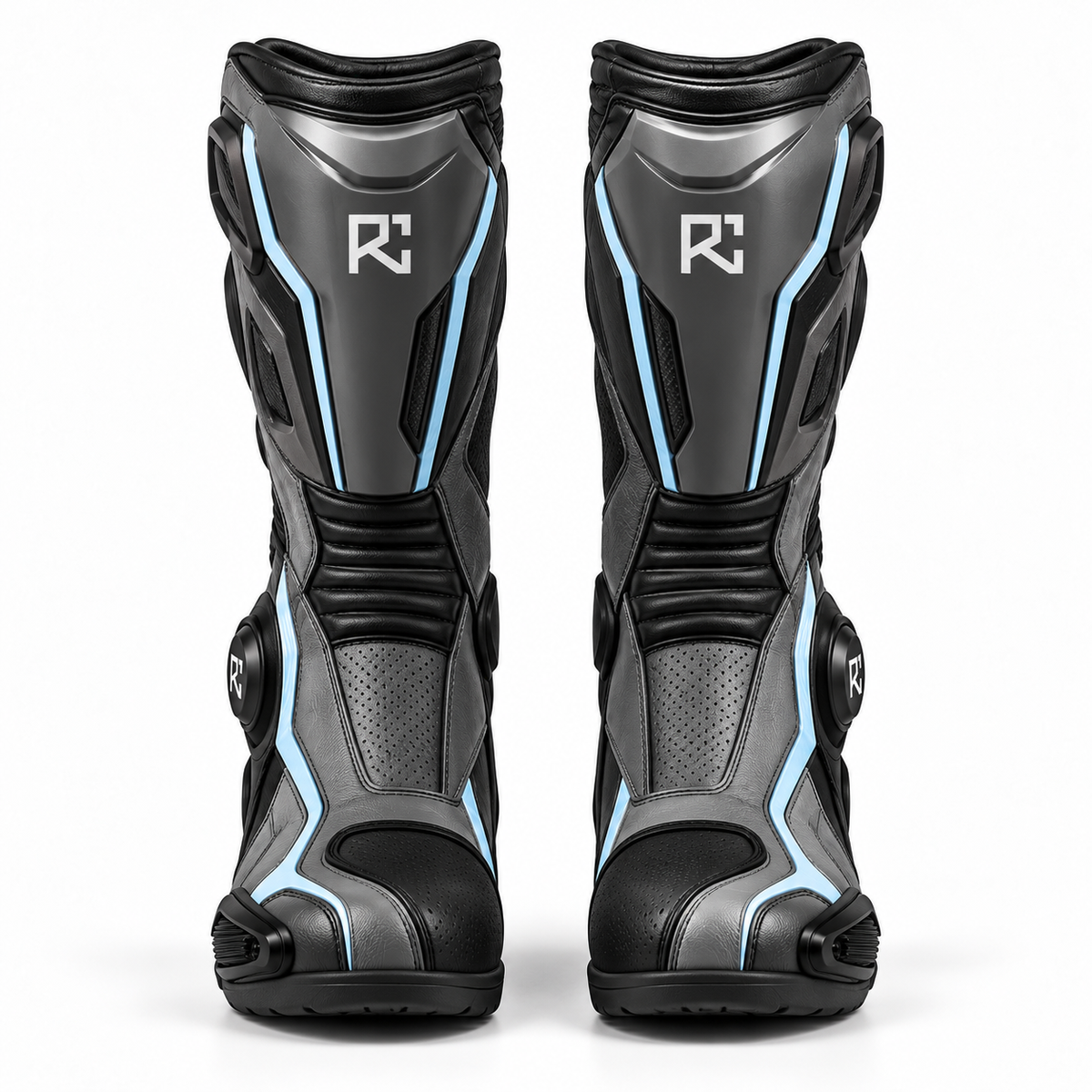 Riz Core Torque motorcycle boots in Graphite & Ice Blue, front design preview