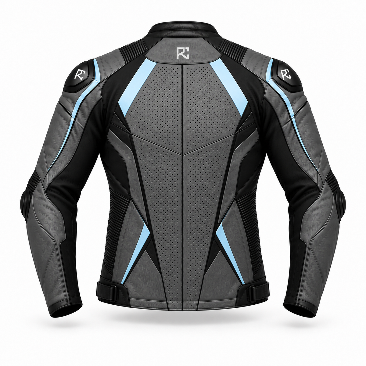 Riz Core Torque motorcycle jacket in Graphite & Ice Blue, back design preview