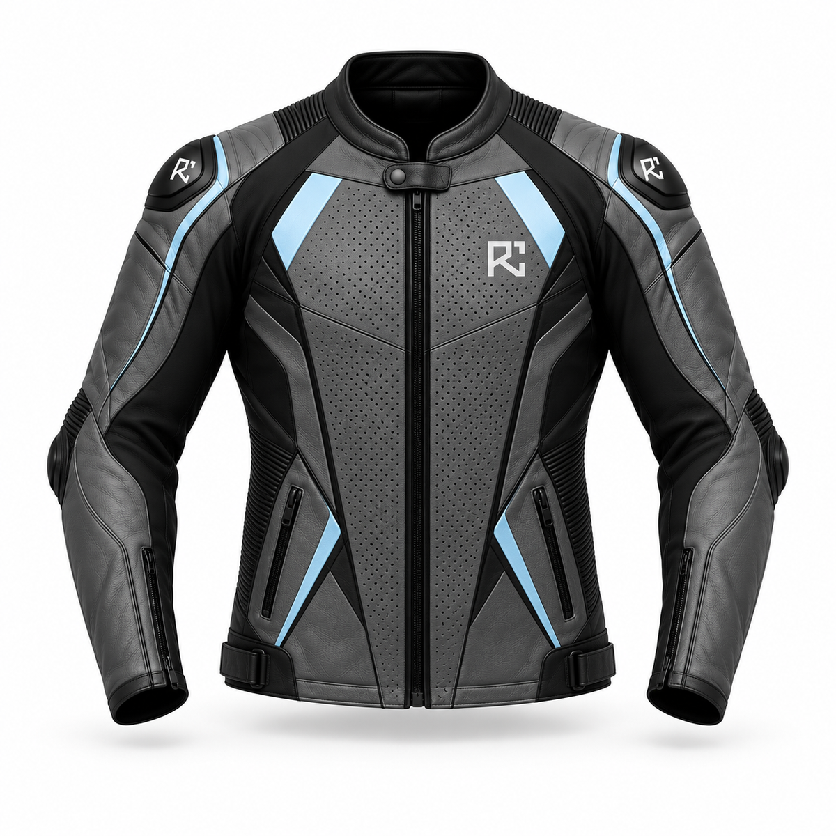 Riz Core Torque motorcycle jacket in Graphite & Ice Blue, front design preview