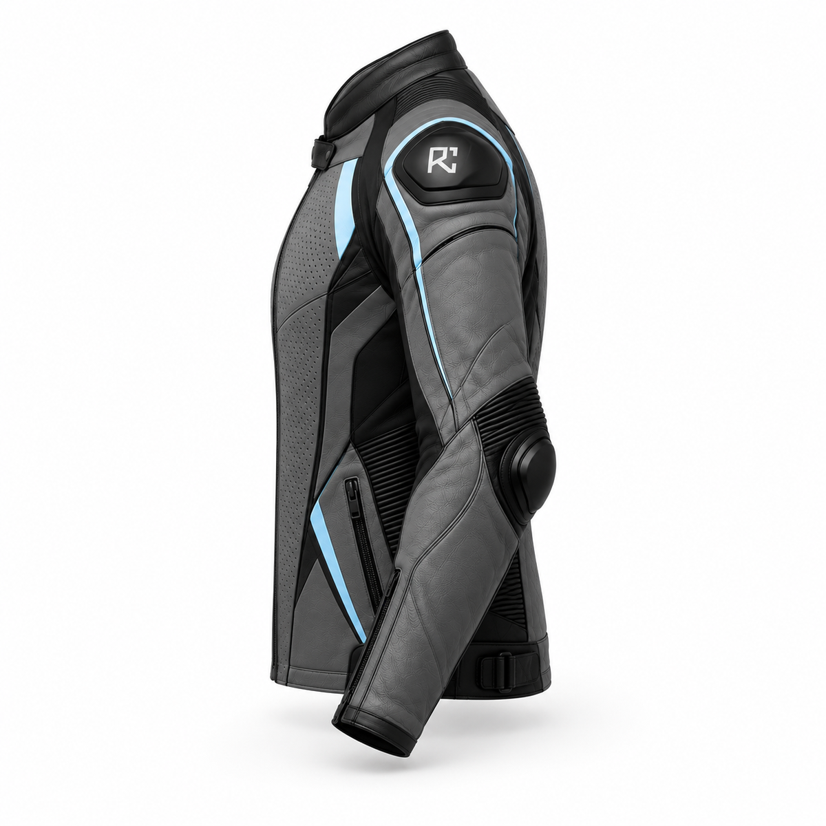 Riz Core Torque motorcycle jacket in Graphite & Ice Blue, side design preview