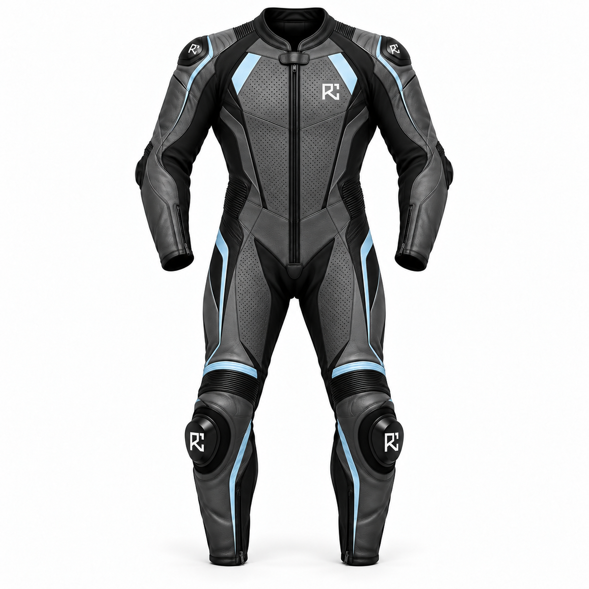 Riz Core Torque motorcycle suit in Graphite & Ice Blue, front design preview