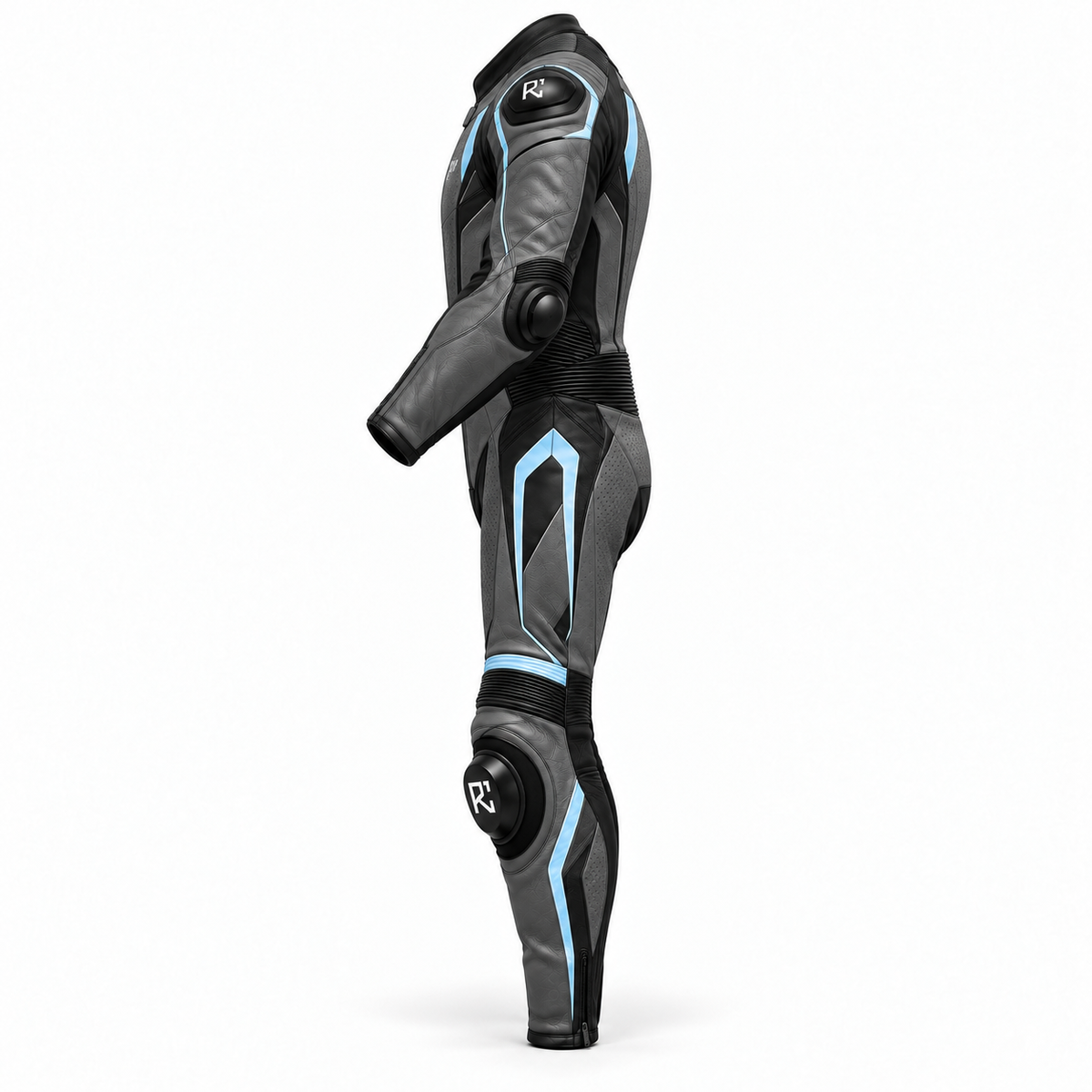 Riz Core Torque motorcycle suit in Graphite & Ice Blue, side design preview