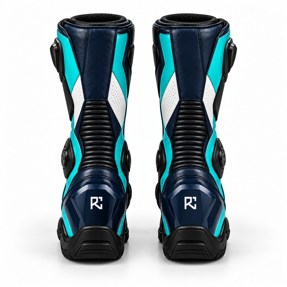 Riz Core Vector motorcycle boots in Navy, Teal & White, back design preview