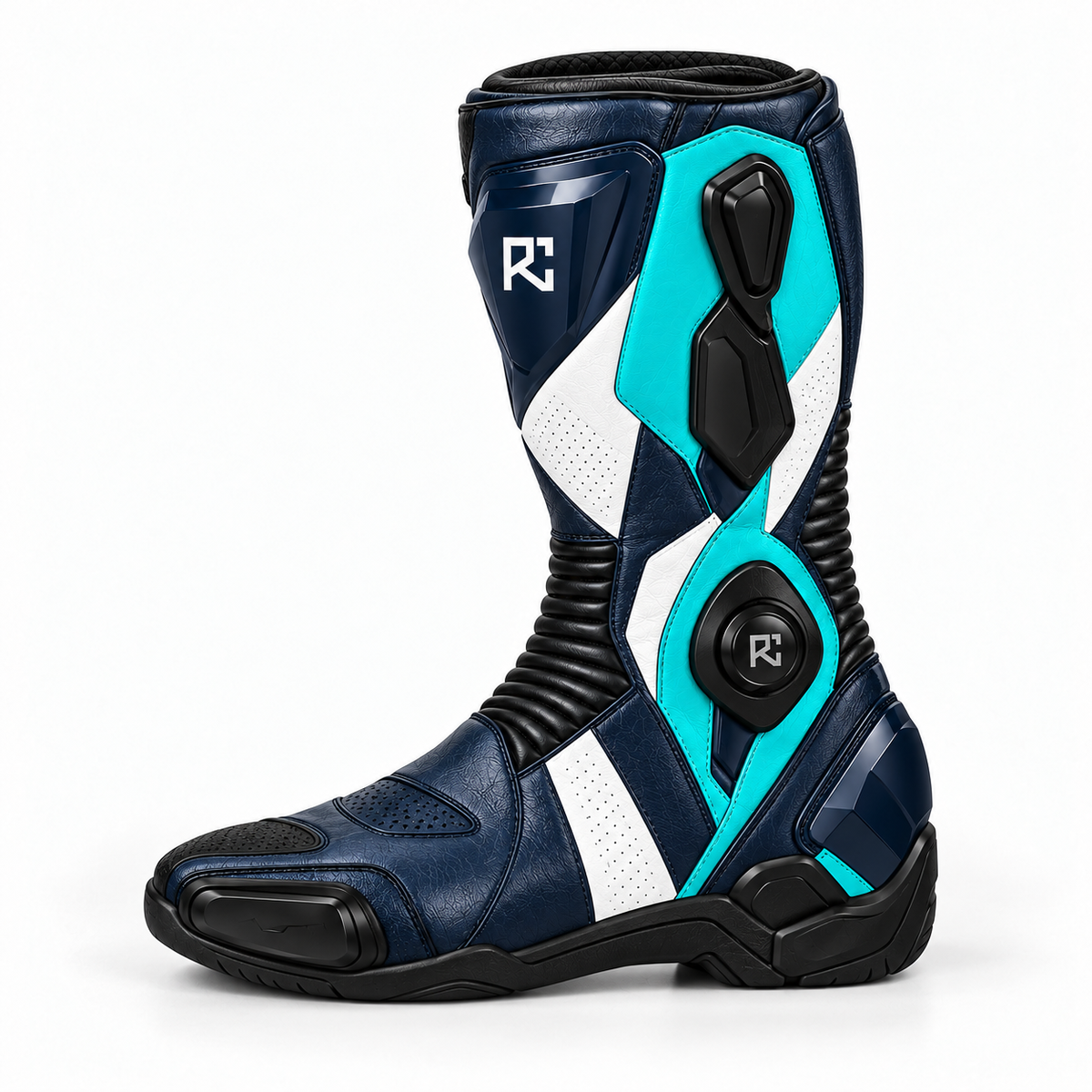 Riz Core Vector motorcycle boots in Navy, Teal & White, side design preview