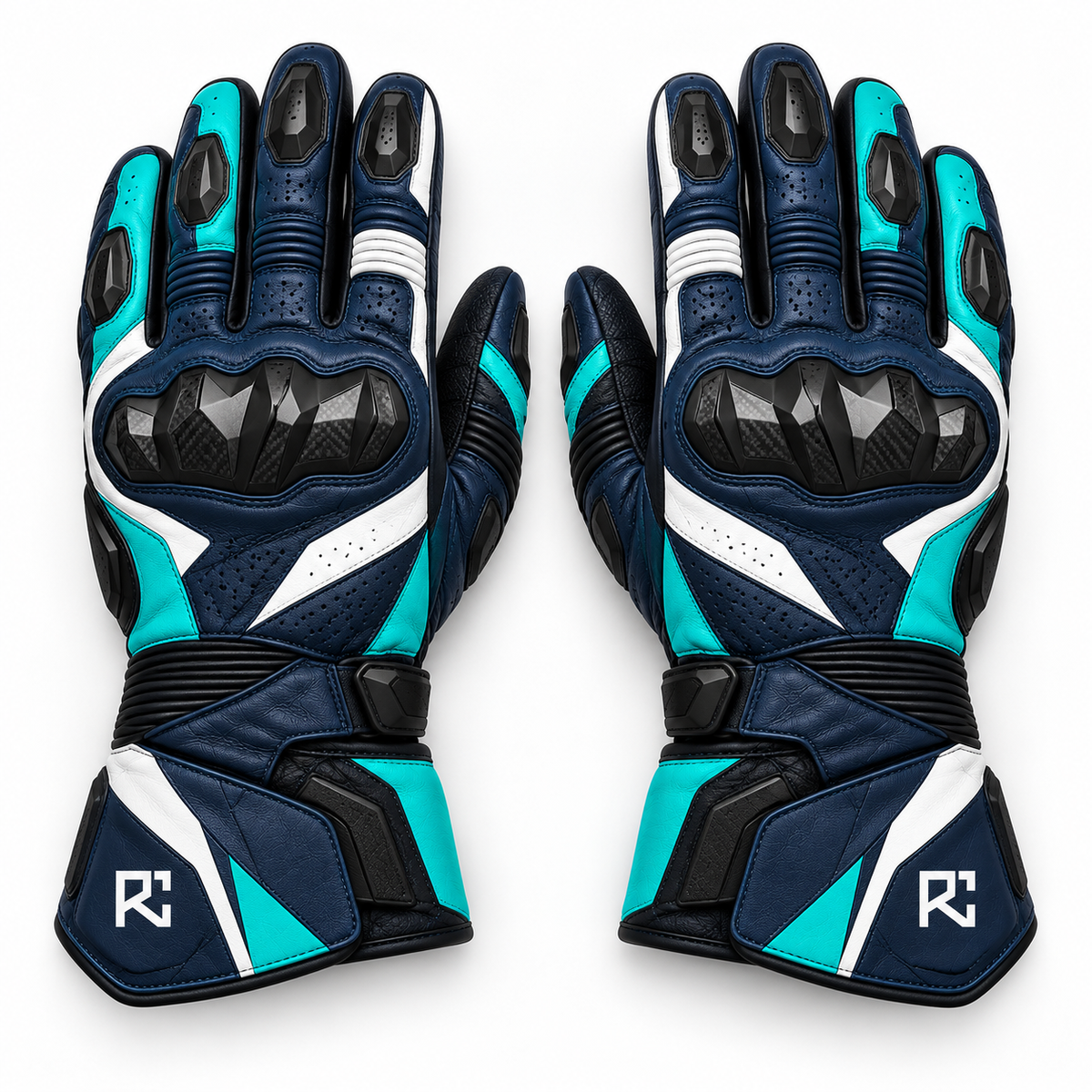Riz Core Vector motorcycle gloves in Navy, Teal & White, knuckle design preview