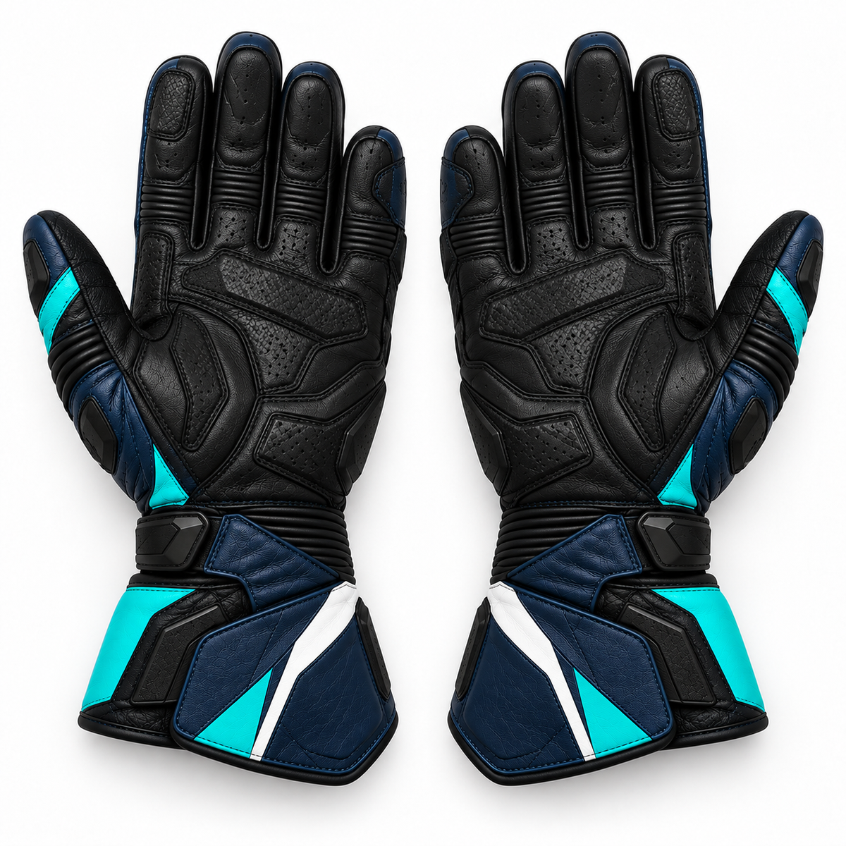 Riz Core Vector motorcycle gloves in Navy, Teal & White, palm design preview