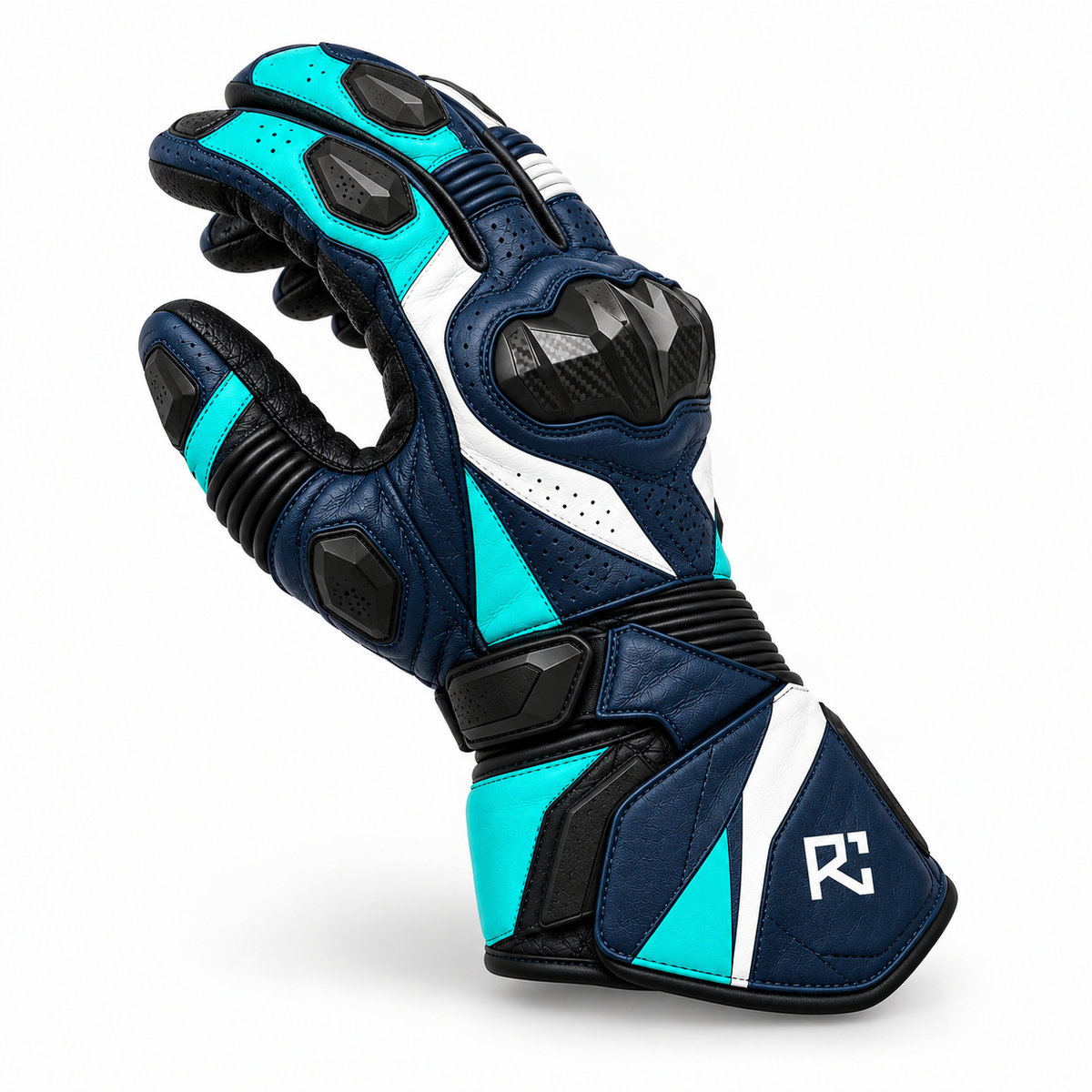 Riz Core Vector motorcycle gloves in Navy, Teal & White, side design preview