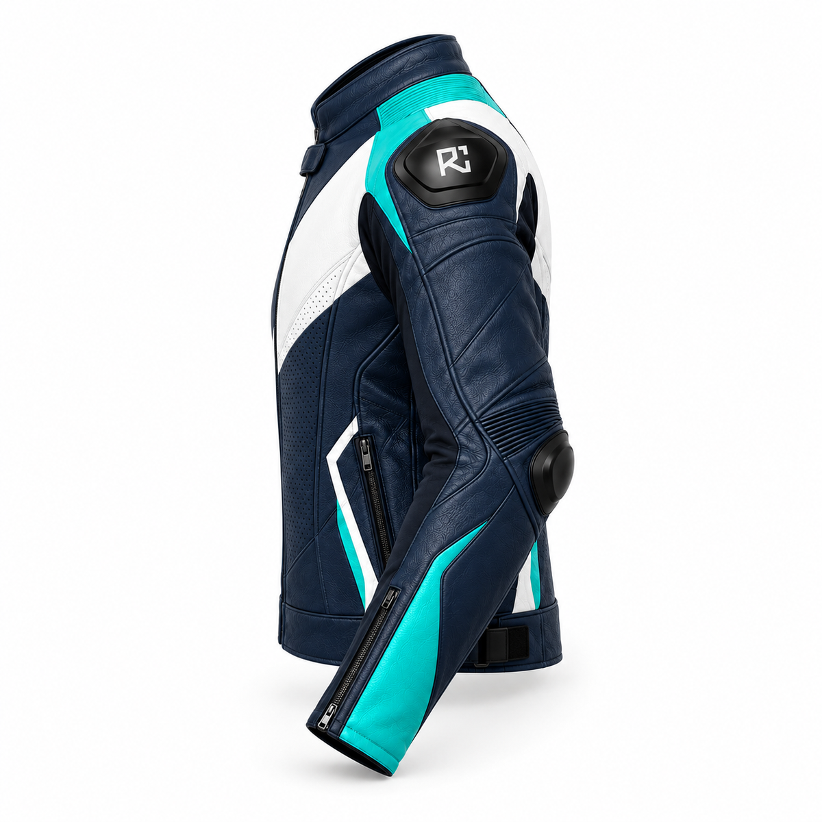 Riz Core Vector motorcycle jacket in Navy, Teal & White, side design preview