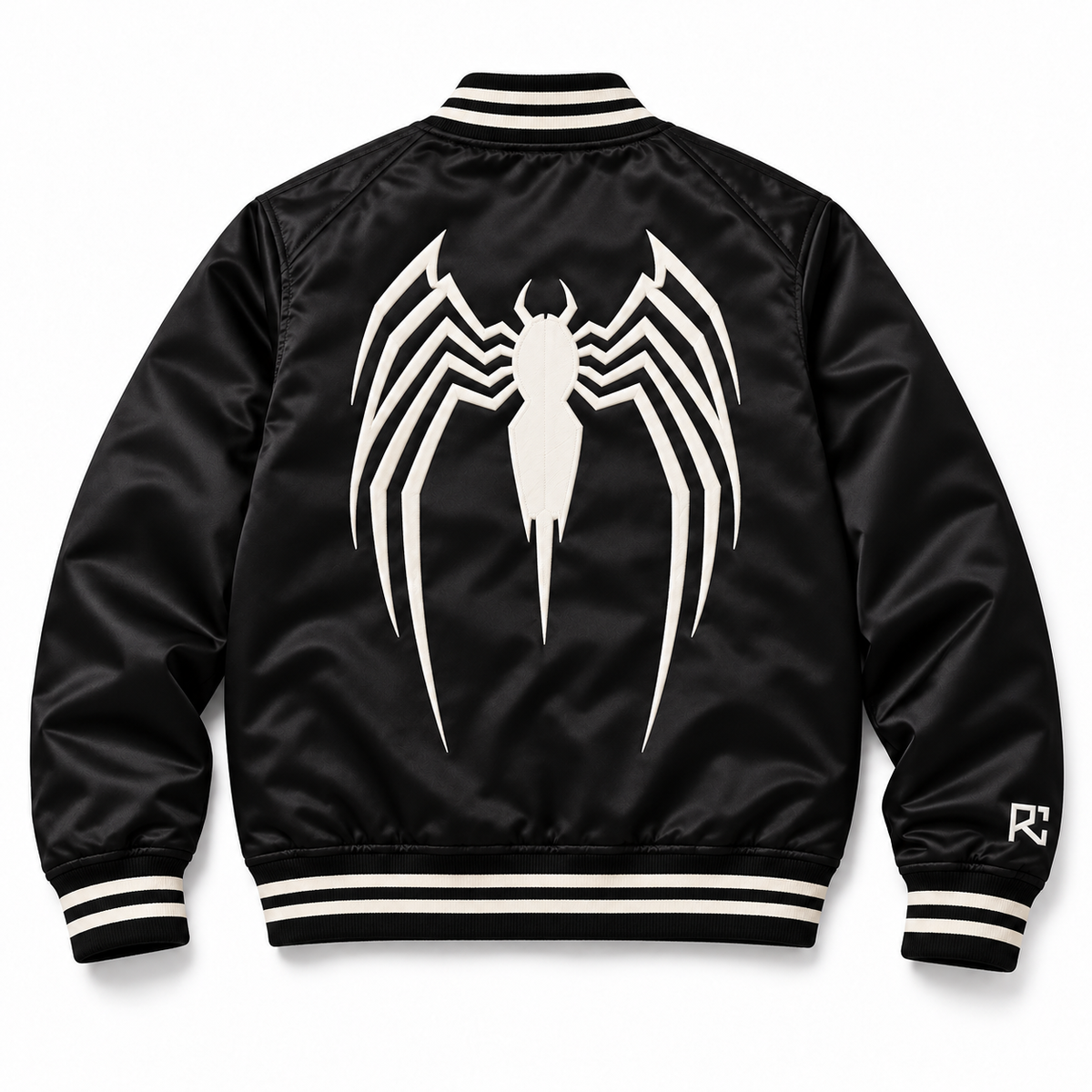 Back design preview of the Riz Core Noir Web varsity jacket in black and white
