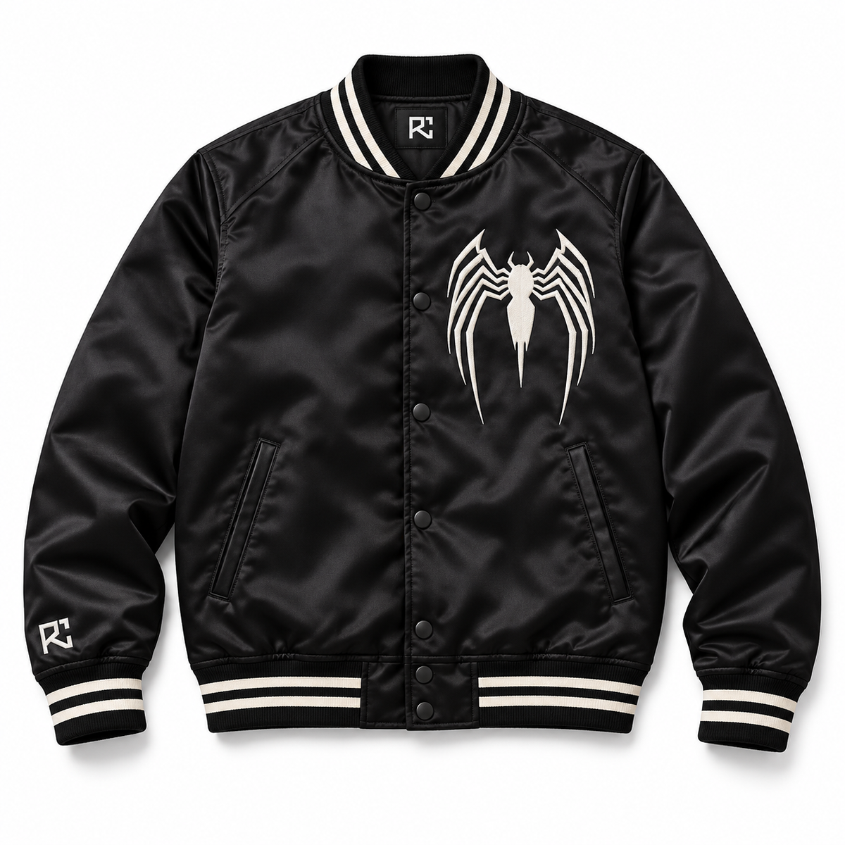 Front design preview of the Riz Core Noir Web varsity jacket in black and white