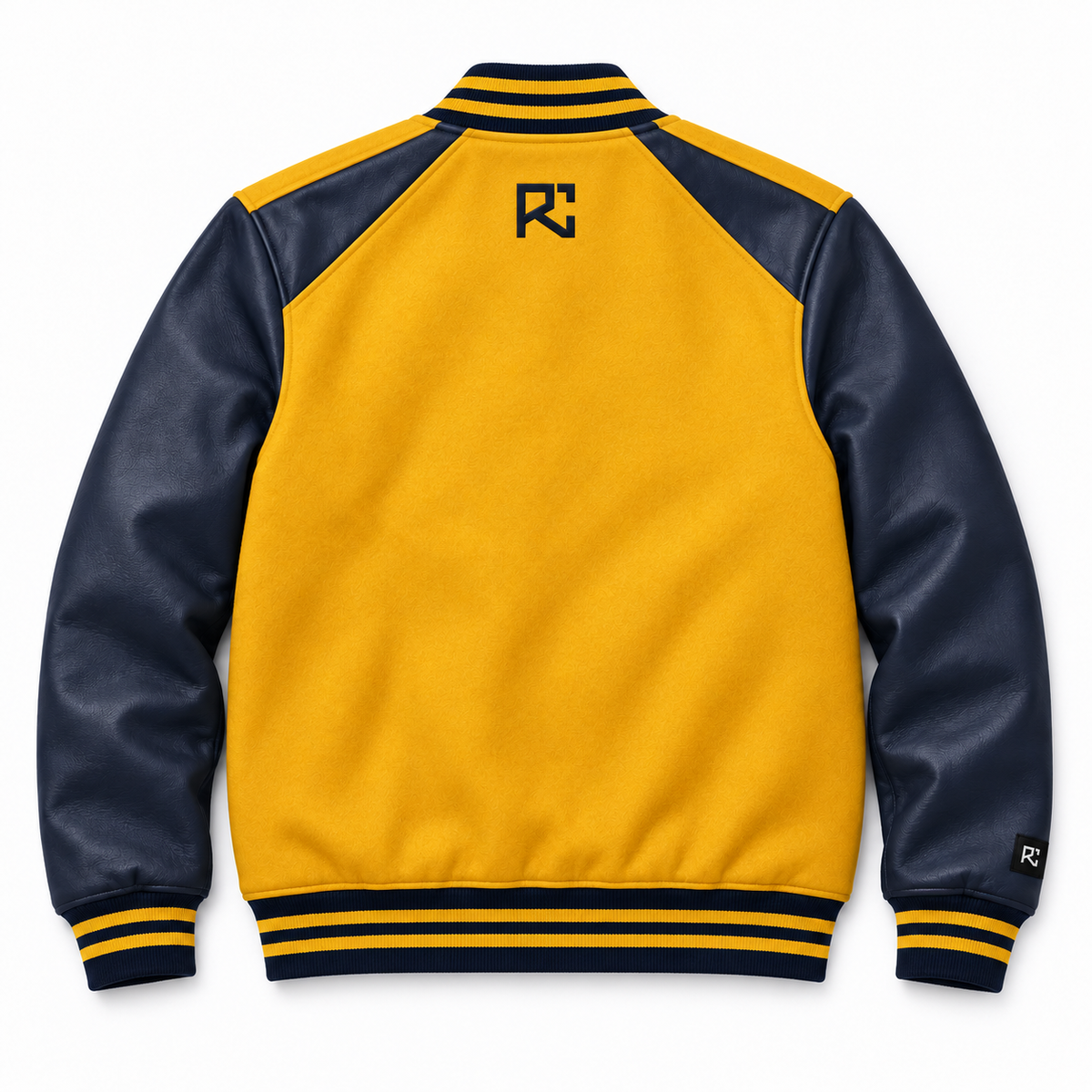Back design preview of the Riz Core Mustard Line varsity jacket in mustard and navy