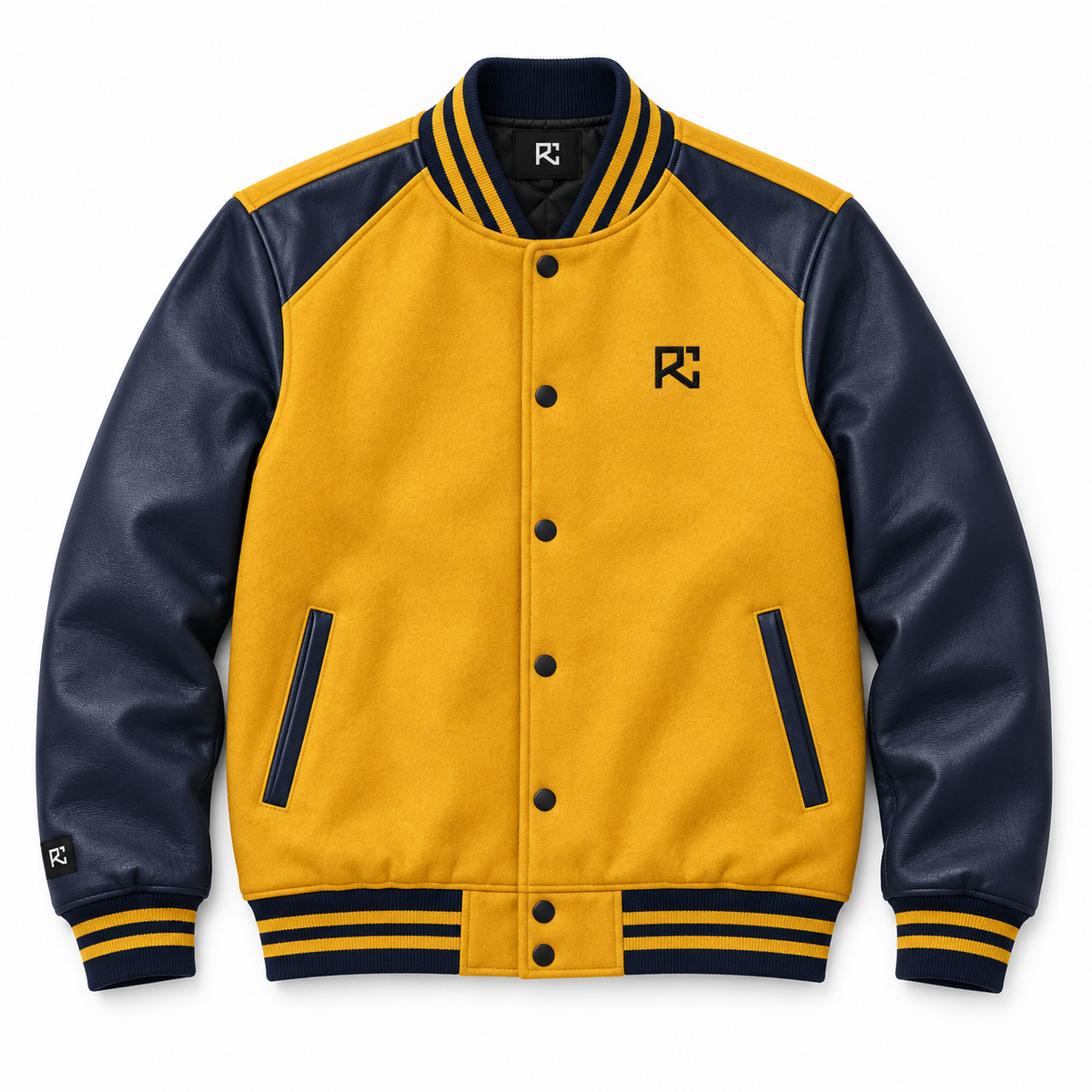 Front design preview of the Riz Core Mustard Line varsity jacket in mustard and navy
