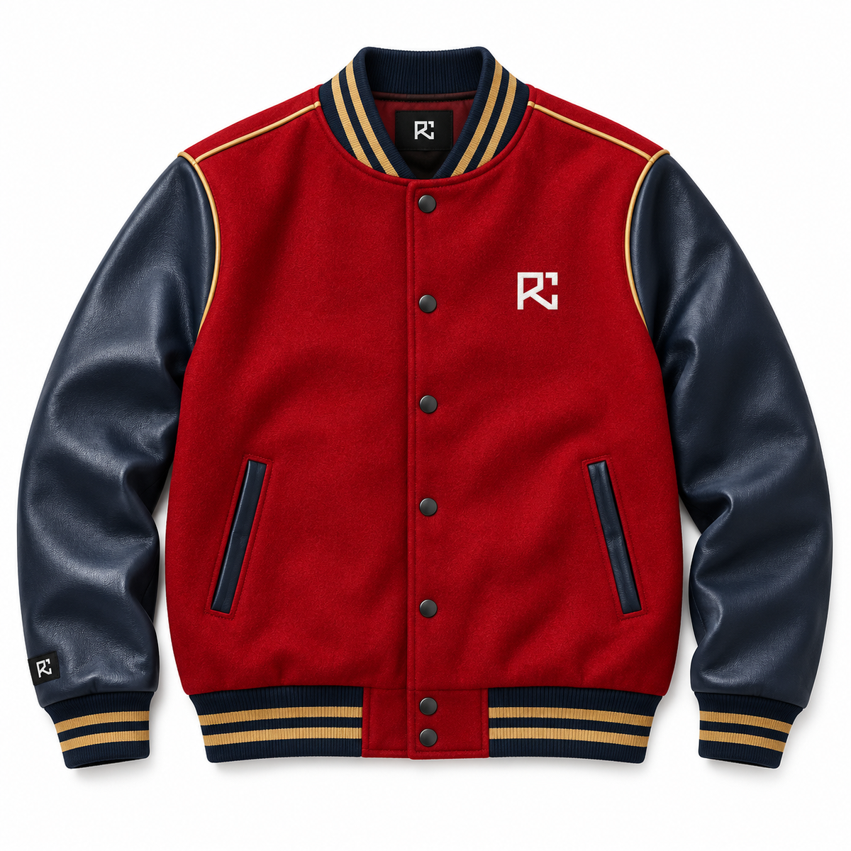 Front design preview of the Riz Core Ruby Navy varsity jacket in red and navy